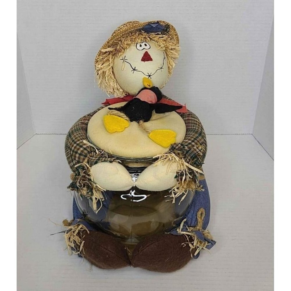 Stuffed Cloth Scarecrow Holding Glass Round Bowl with Lid Fall Colors